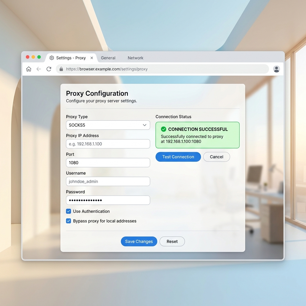 Proxy configuration dashboard inside AdsPower browser mockup