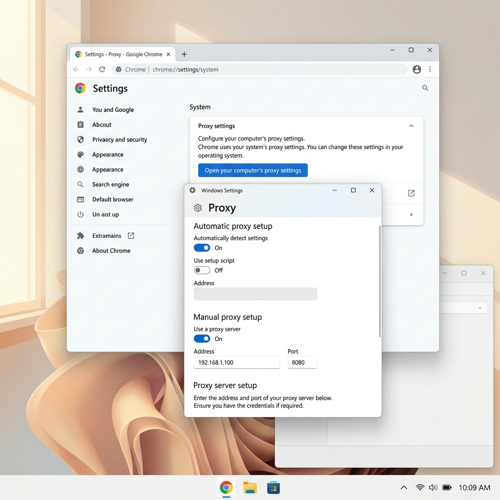 Proxy configuration menu inside Google Chrome browser mockup