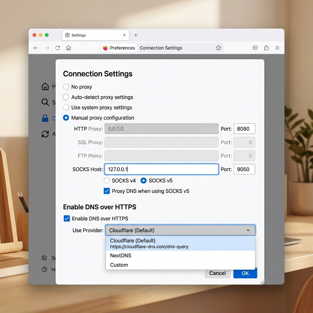 Proxy configuration menu inside Mozilla Firefox browser mockup