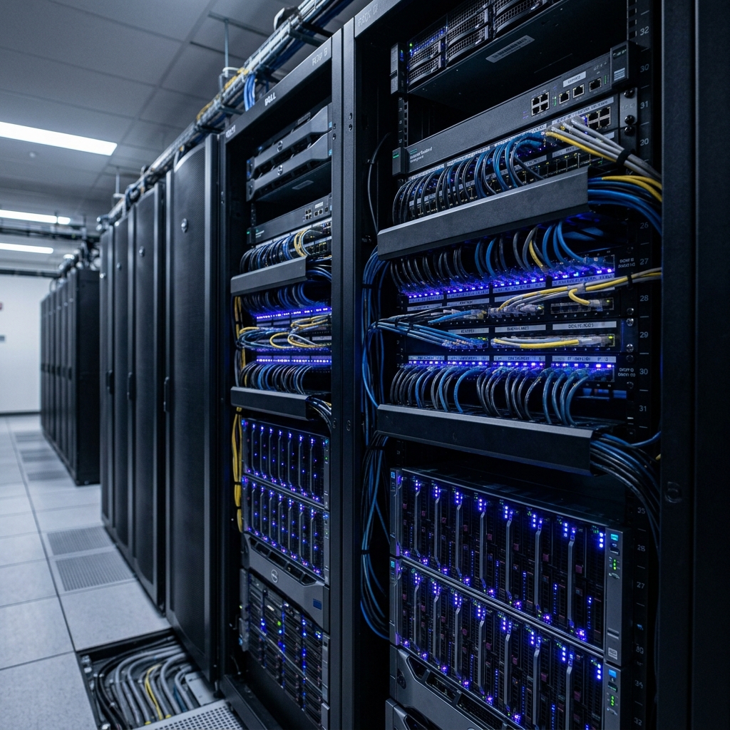 Modern datacenter server racks with glowing LED indicators and neat ethernet cables