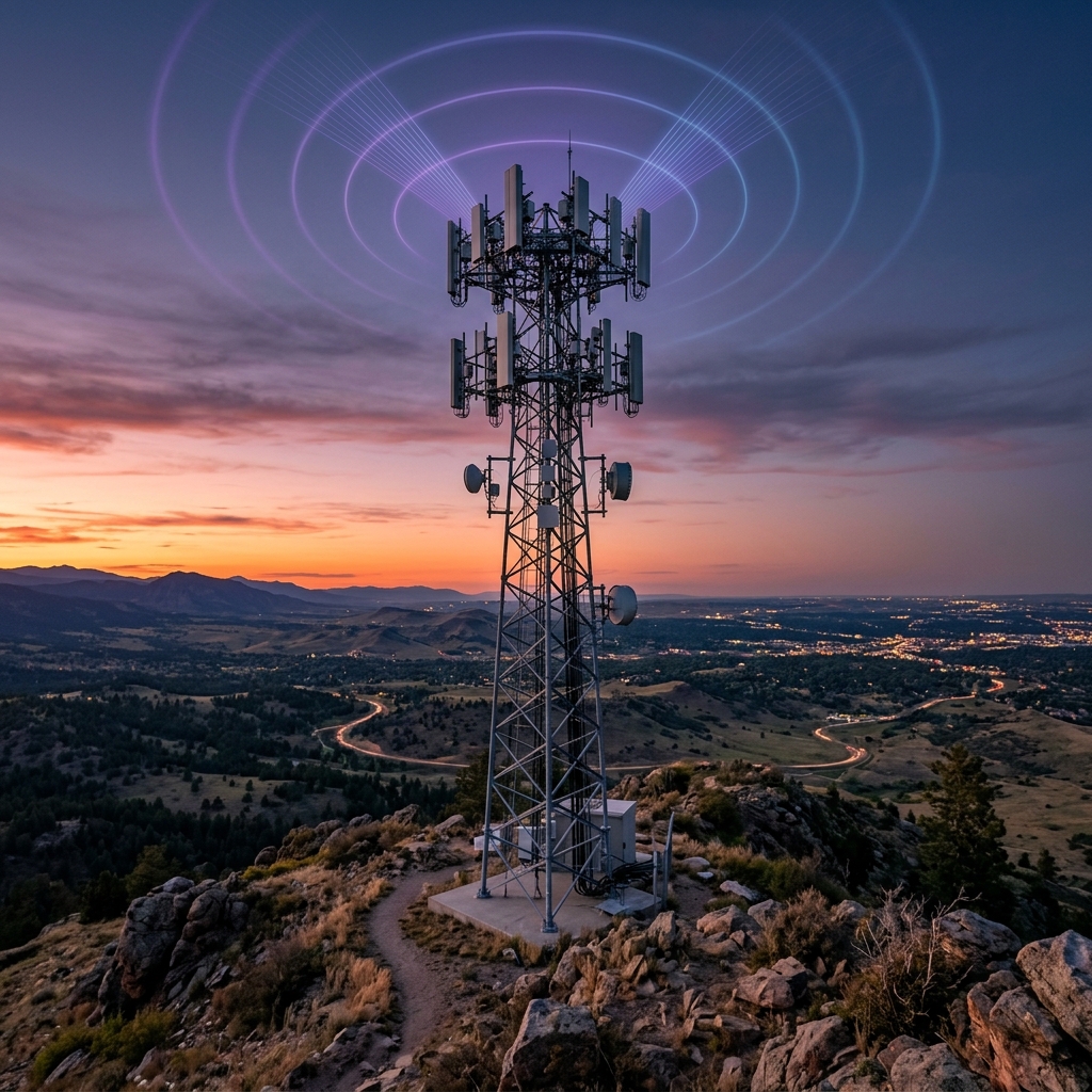 Modern 5G cellular communication signal tower at dusk emitting wireless purple waves