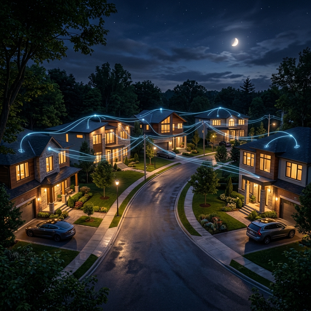 Cozy residential neighborhood at night connected with blue digital proxy line mesh network