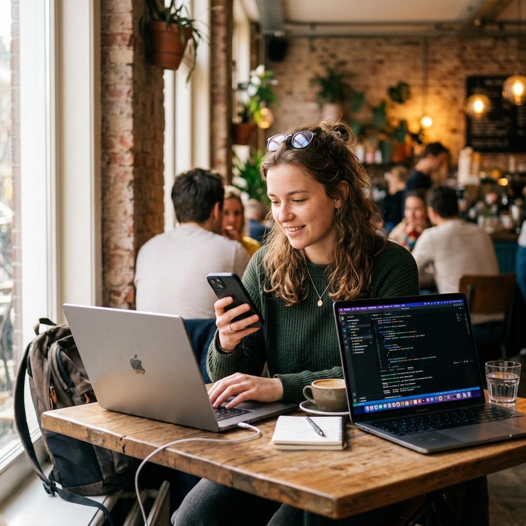 Young woman using a smartphone in a bright cafe representing mobile proxy usage