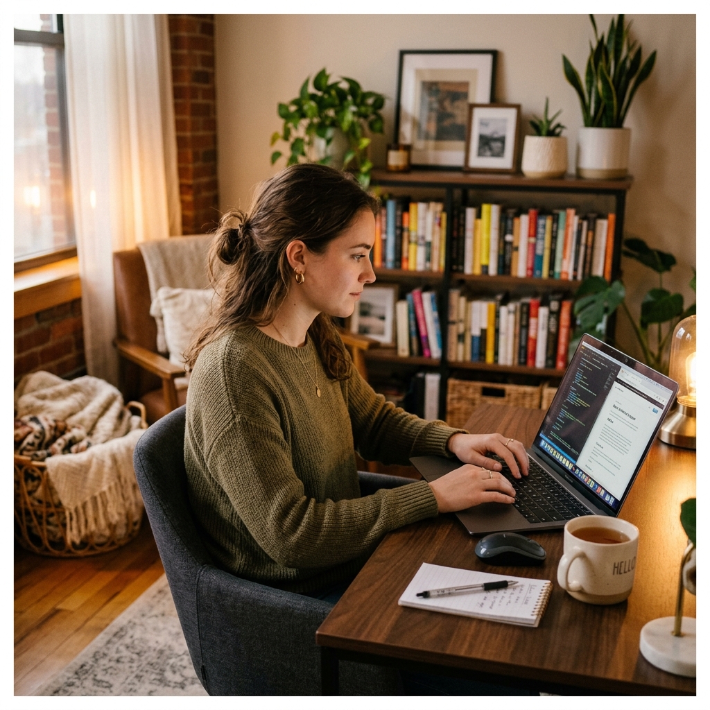 Young woman analyzing proxy network logs on her laptop